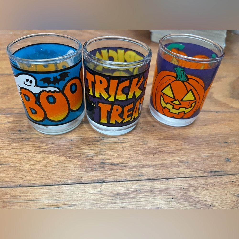Vintage Indiana Glass Halloween Trick or Treat Boo Pumpkin Votive/Shot Glass Set